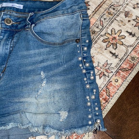 “Sexy Couture” Jean Shorts With Pearls On Sides - Picture 2 of 6